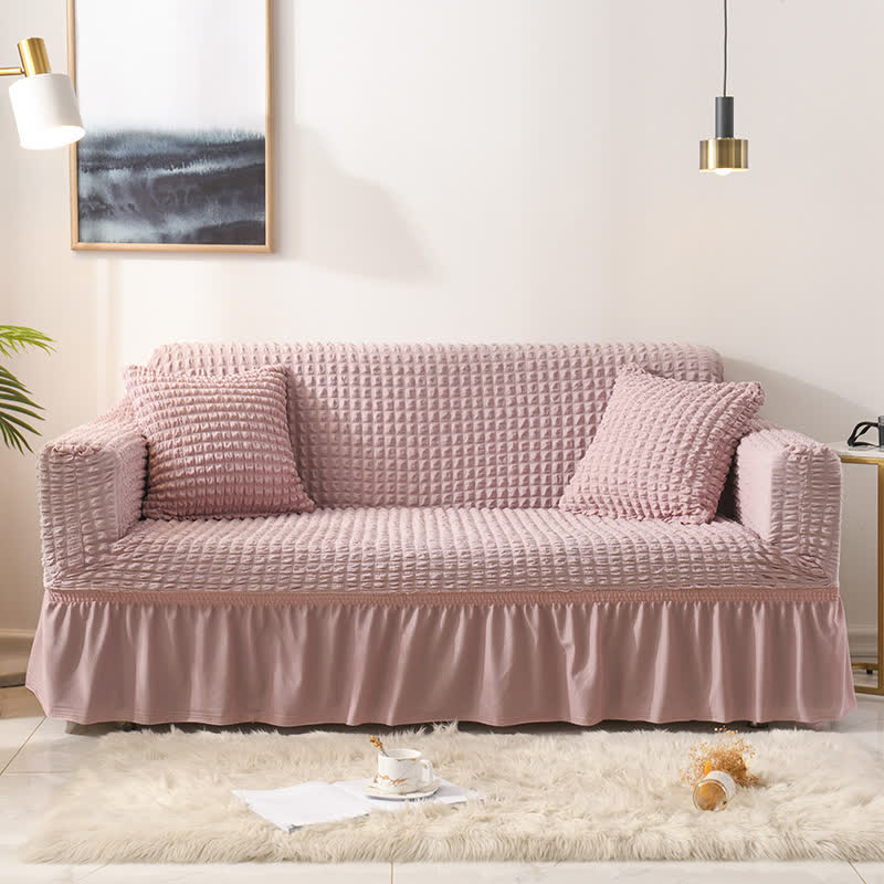 Sofabetræk med flæsekant i pink – pudebetræk 40x40 cm