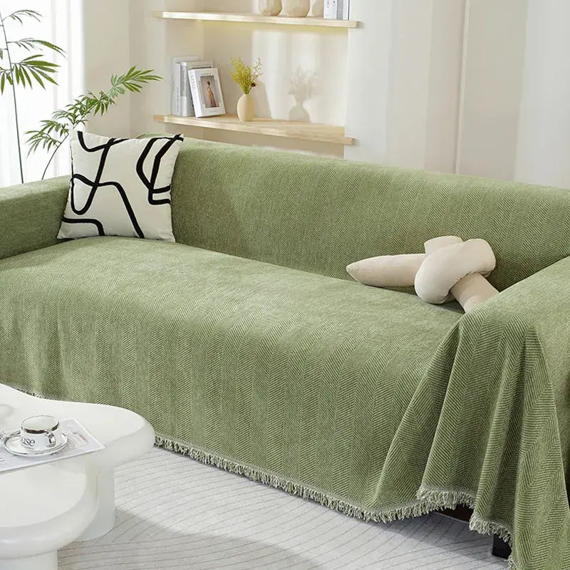 Chenille sofacover i haze blå farve på hjørnesofa
