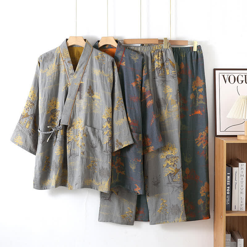 Kimono loungewear sæt i bomuld – naturmotiv i jordtoner