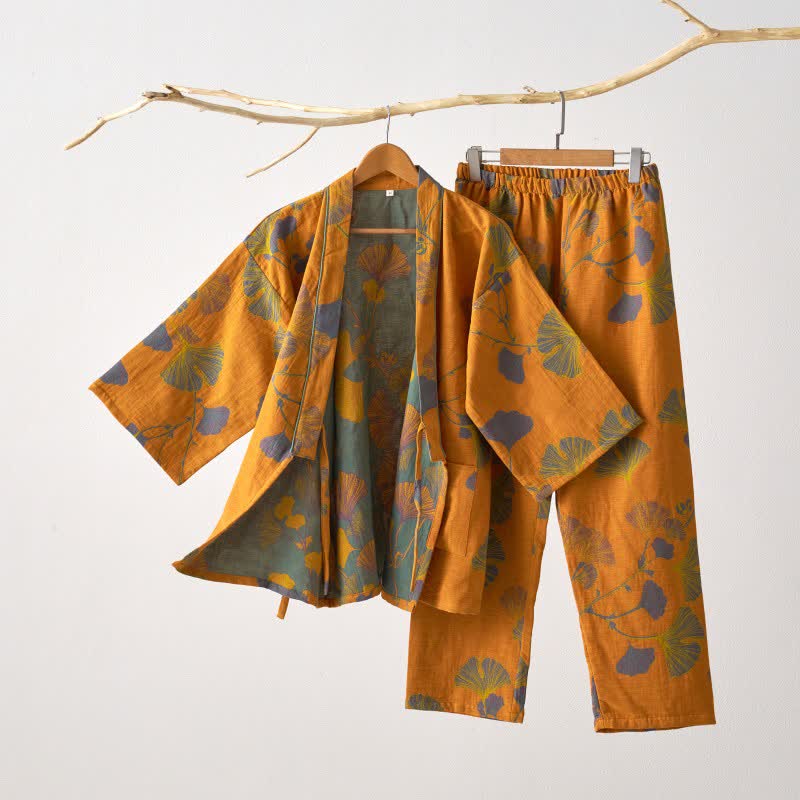 Kimono nattøj sæt – gul med stort ginkgo-mønster, størrelse XL
