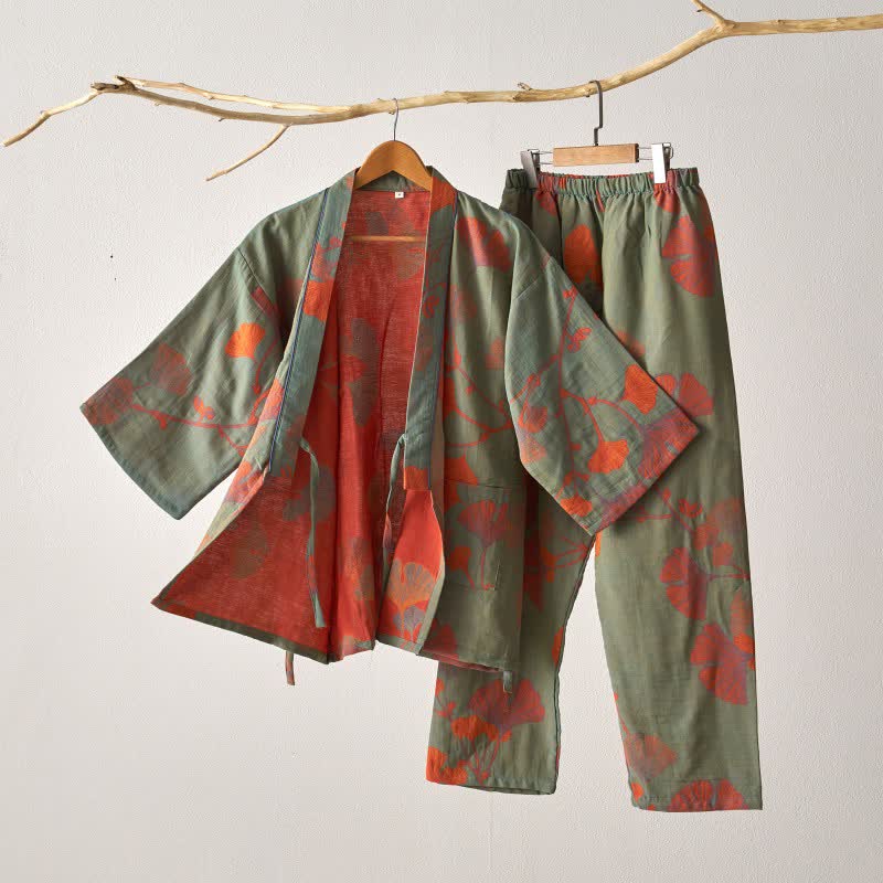 Kimono pyjamassæt i bomuld med ginkgo-bladmønster – grøn og orange, størrelse XL