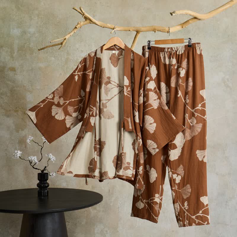 Kimono morgenkåbe sæt i bomuld – brun med ginkgo-bladmønster, størrelse XL