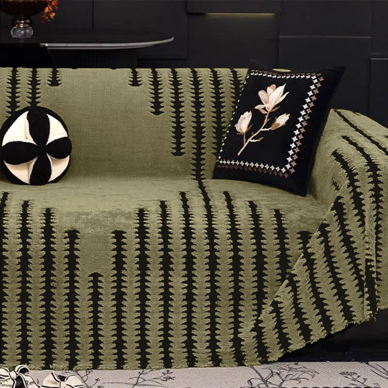 Sofabetræk i tyk plys chenille med striber i farven grøn – 180 x 460 cm