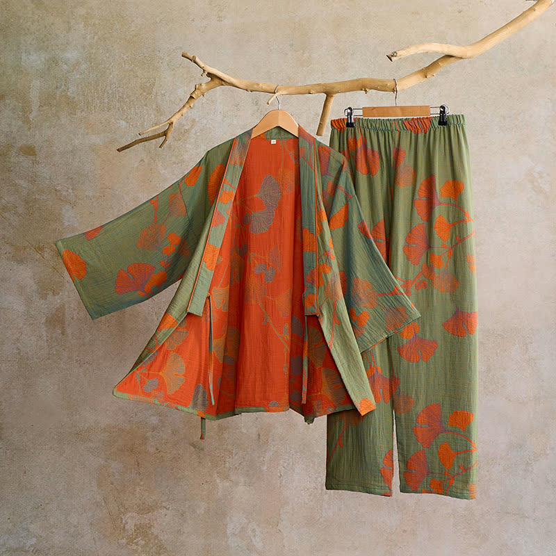 Kimono morgenkåbe sæt med ginkgo-mønster – detalje af jacquard-stof og sidebånd