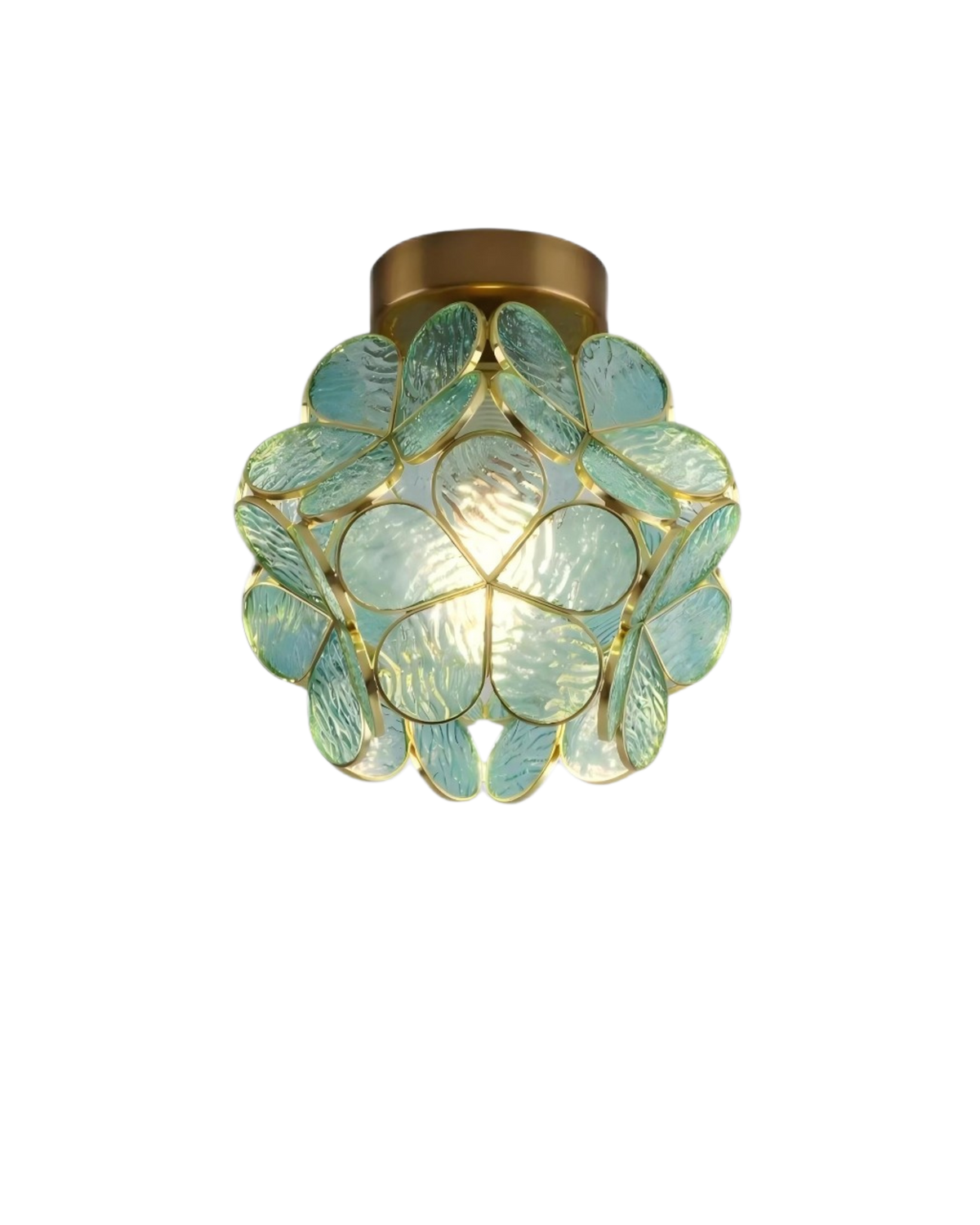 Grøn acryl loftlampe med guldfarvet stel monteret i entre