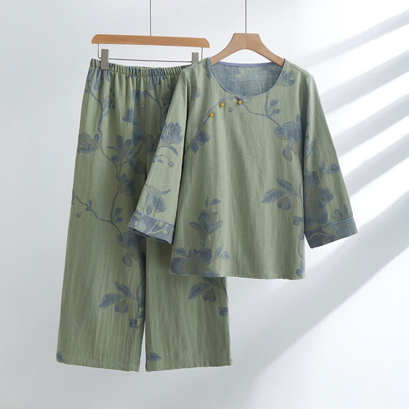 Blomstret loungewear sæt i ren bomuld med rund hals – grøn