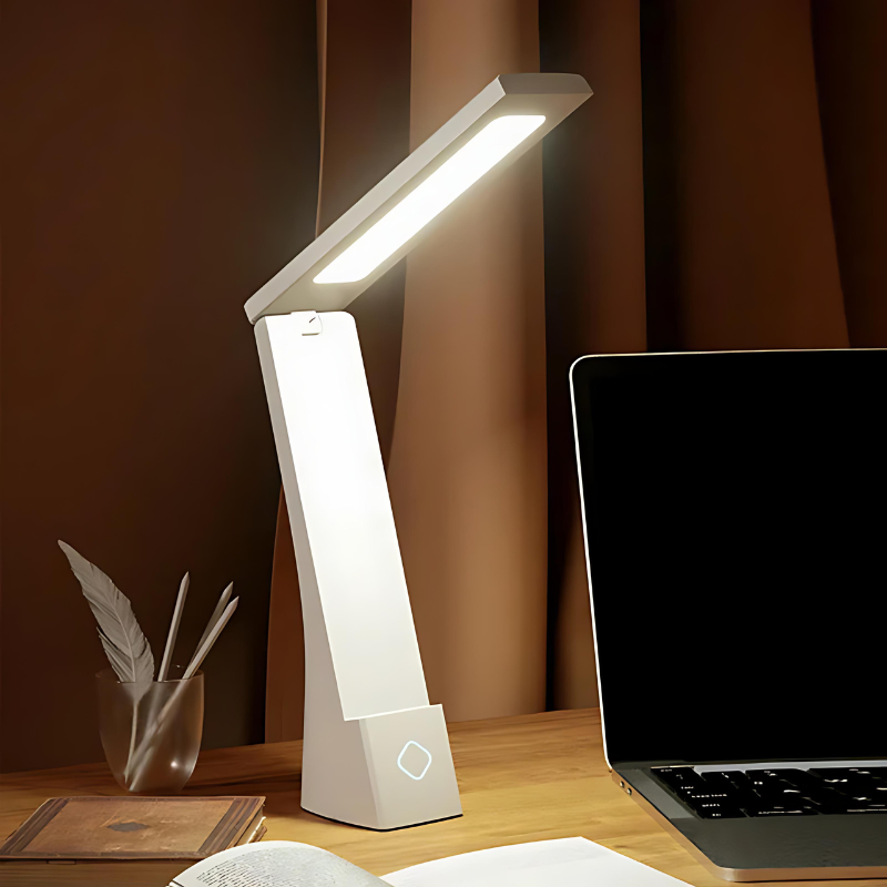 Foldbar LED-bordlampe i sort og hvid – detaljebillede af touch-funktion
