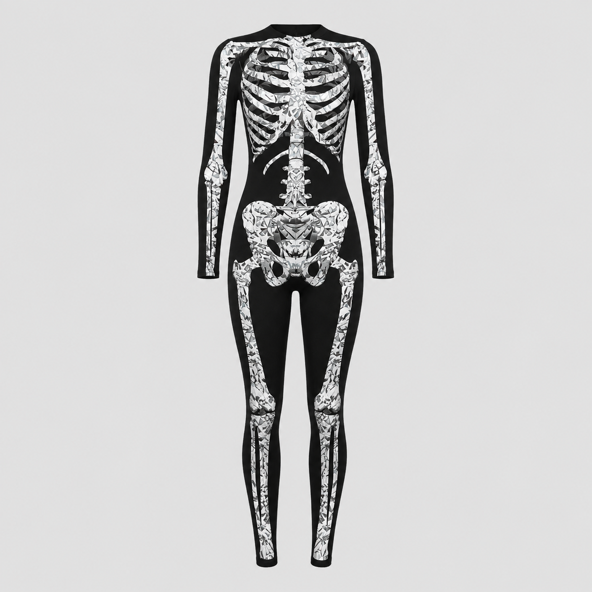 Tætsiddende skelet-jumpsuit til voksne i sort med knogle-motiv 1