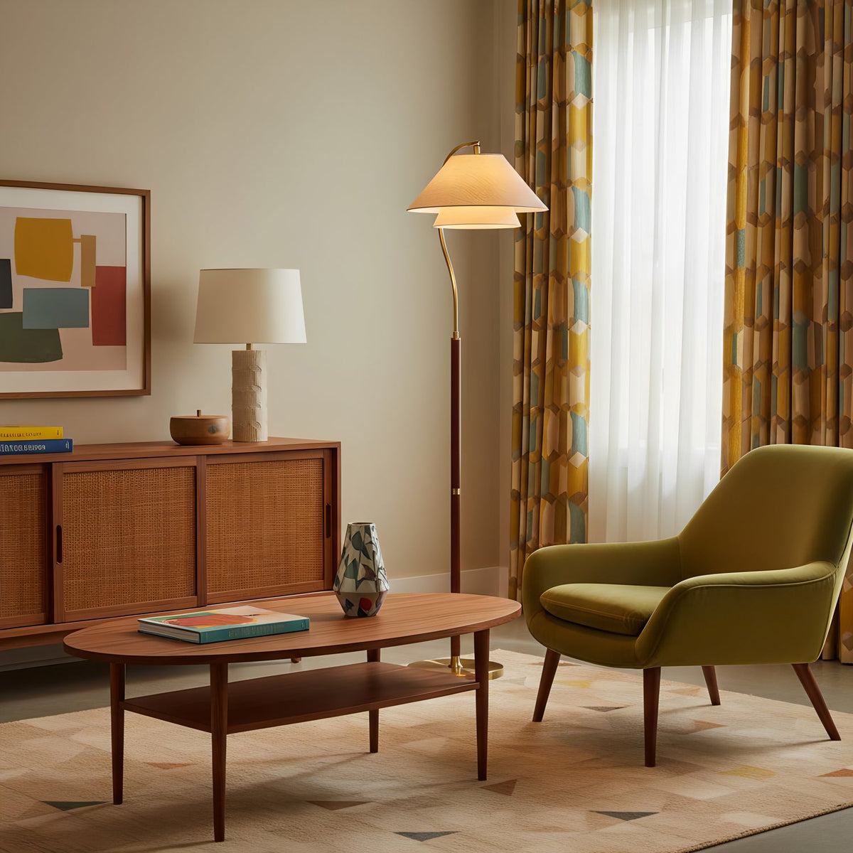Gulvlampe i stue ved sofa med varmt lys