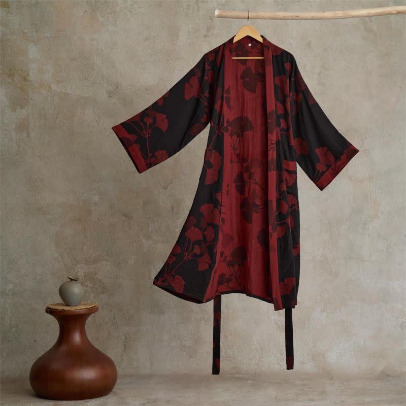 Kimono badekåbe i bomuld med ginkgo-print – forside