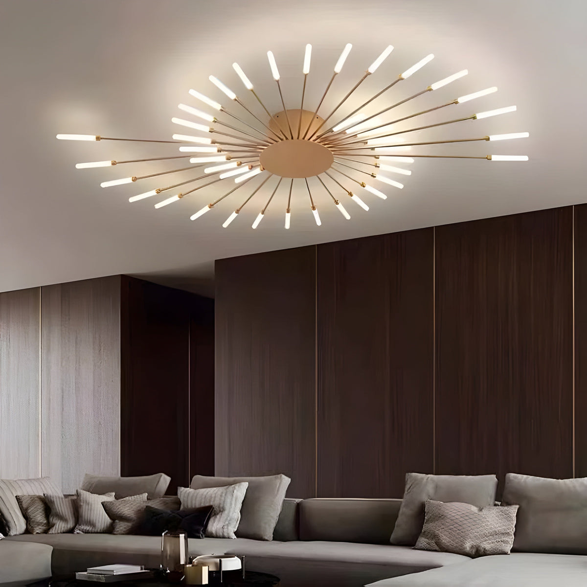 LED-loftlampe i guld med 42 diffuse pærer i neutral lysfarve