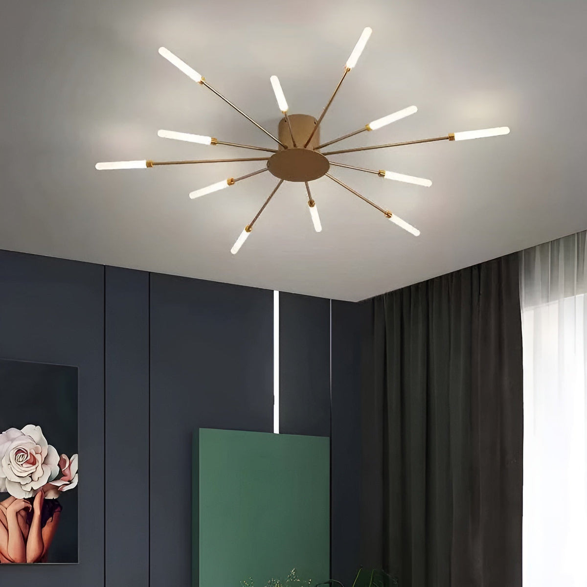 LED-loftlampe i guld med 12 diffuse pærer i neutral lysfarve