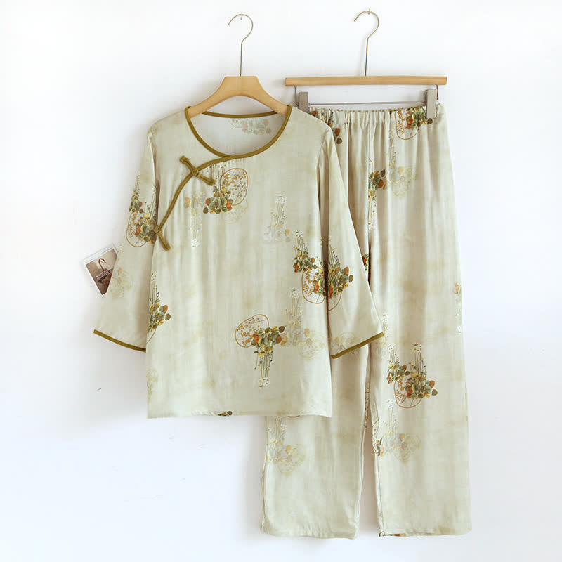 Blomstret bambus pyjamas til damer i grøn farve – størrelse XL – retro design