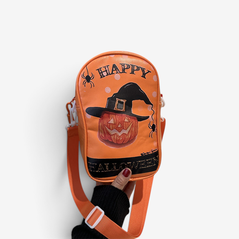 Orange Halloween skuldertaske med græskarprint i PU-læder