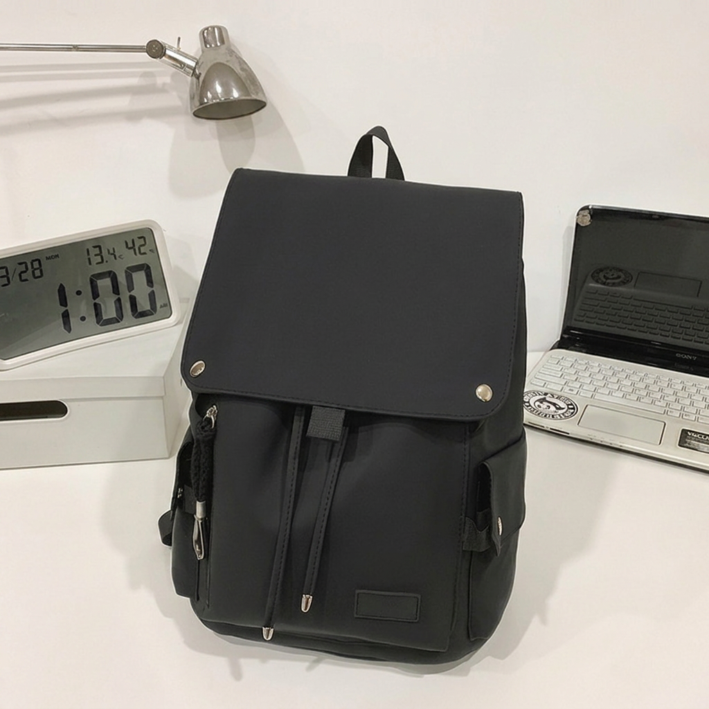 Detalje af taskens udvendige lommer og lukkemekanisme