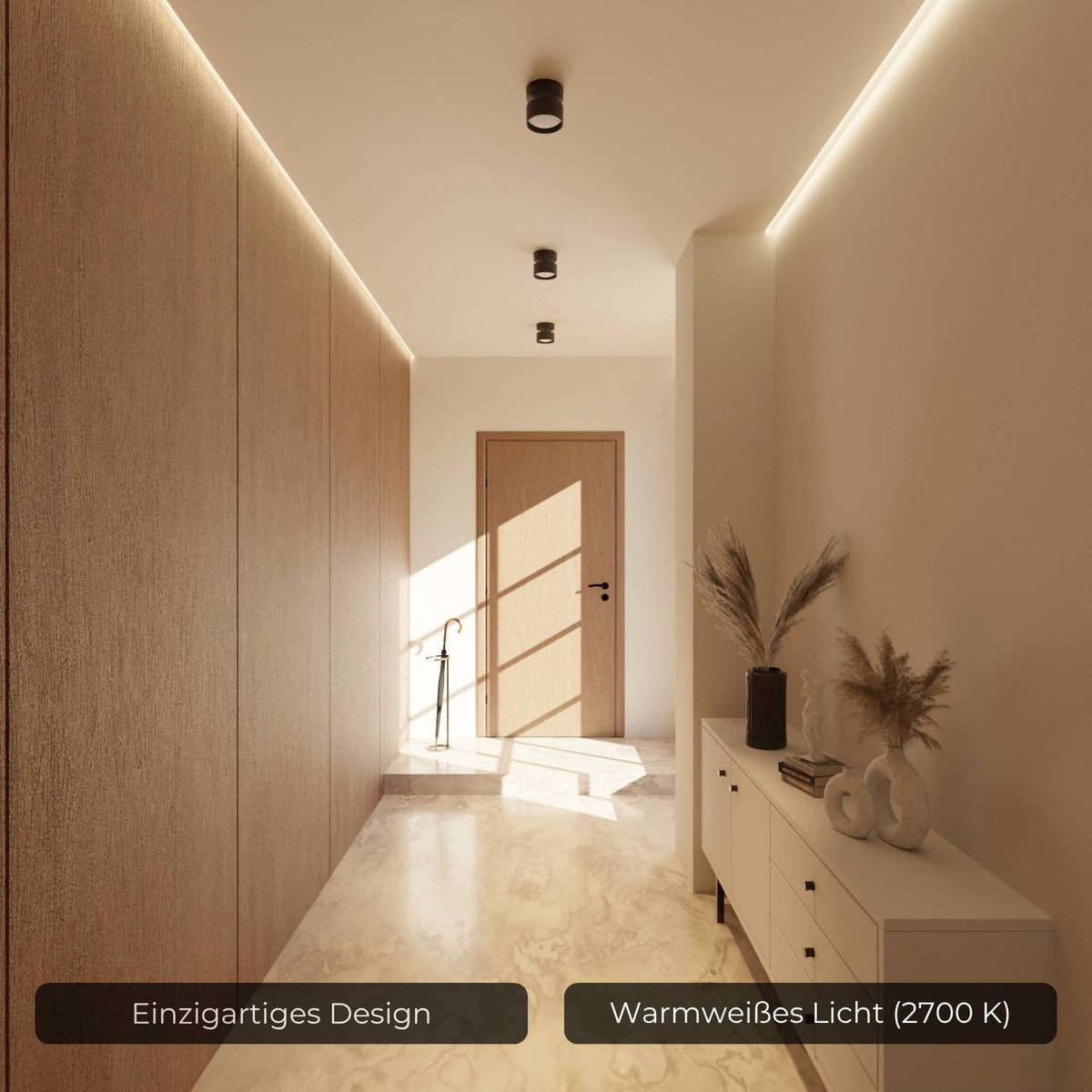 LED-loftlampe sort aluminium monteret på loft i moderne stue