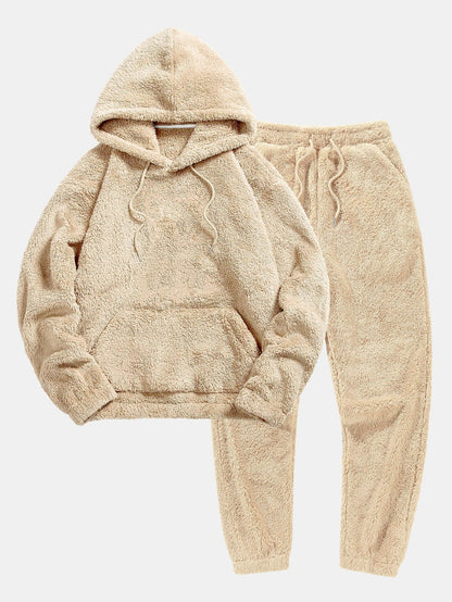 Todelt teddy-loungeset til damer i beige med hættetrøje og joggebukser