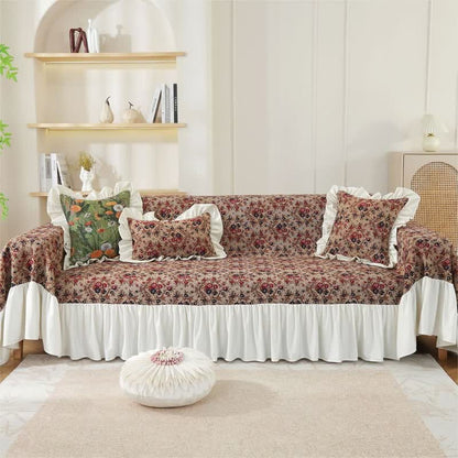 Sofabetræk med vintage blomsterprint og flæsekant
