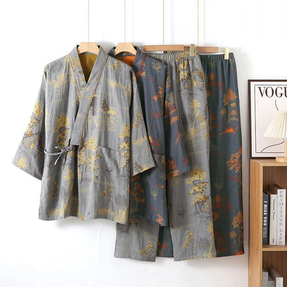 Kimono loungewear sæt i bomuld – naturmotiv i jordtoner