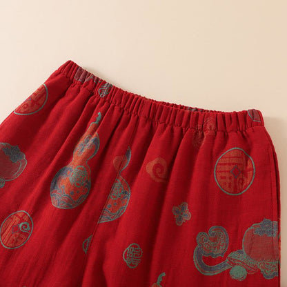 Loungewear dame i bomuld med rødt og auspice-mønster