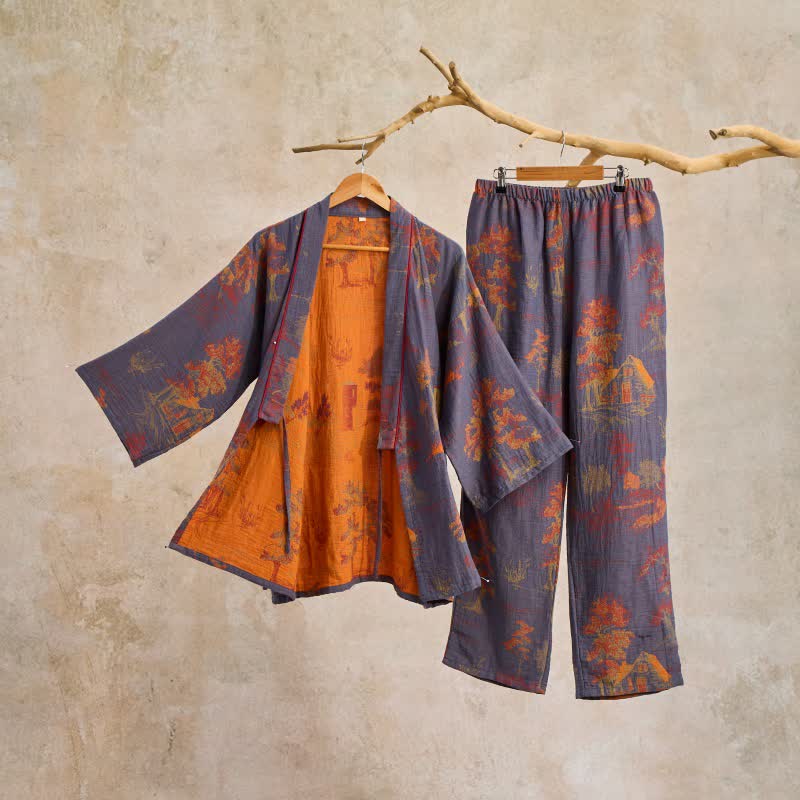 Kimono pyjamas sæt i bomuld med naturmotiv til dame