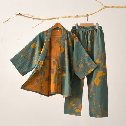 Kimono morgenkåbe sæt med bukser i bomuld, ginkgo-mønster – grøn og gul, størrelse XL