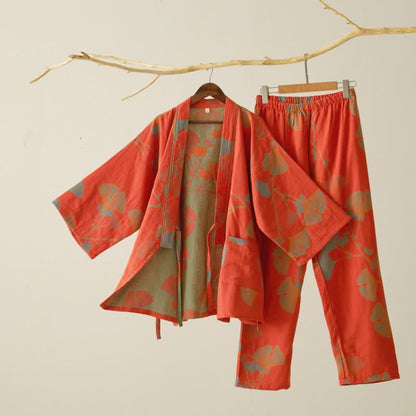 Kimono lounge-sæt med lange bukser – orange med ginkgo-mønster, størrelse XL