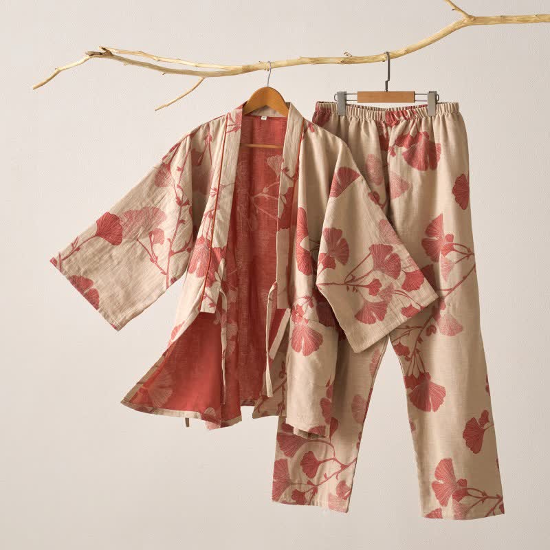Kimono pyjamassæt dame – beige og rosa med ginkgo-mønster, størrelse XL