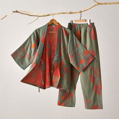 Kimono pyjamassæt i bomuld med ginkgo-bladmønster – grøn og orange, størrelse XL