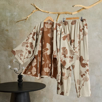 Kimono pyjamassæt i bomuld – beige med ginkgo-mønster, størrelse XL
