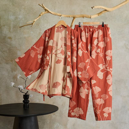 Kimono morgenkåbe sæt med bukser – rosa med ginkgo-bladmønster, størrelse XL