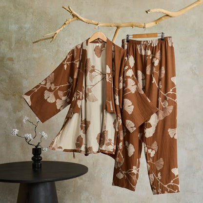 Kimono morgenkåbe sæt i bomuld – brun med ginkgo-bladmønster, størrelse XL