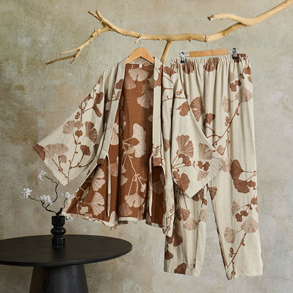 Kimono nattøj sæt i let bomuld – nærbillede af ginkgo-bladmønster i jacquard