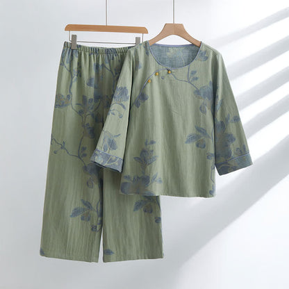 Blomstret loungewear sæt i ren bomuld med rund hals – grøn