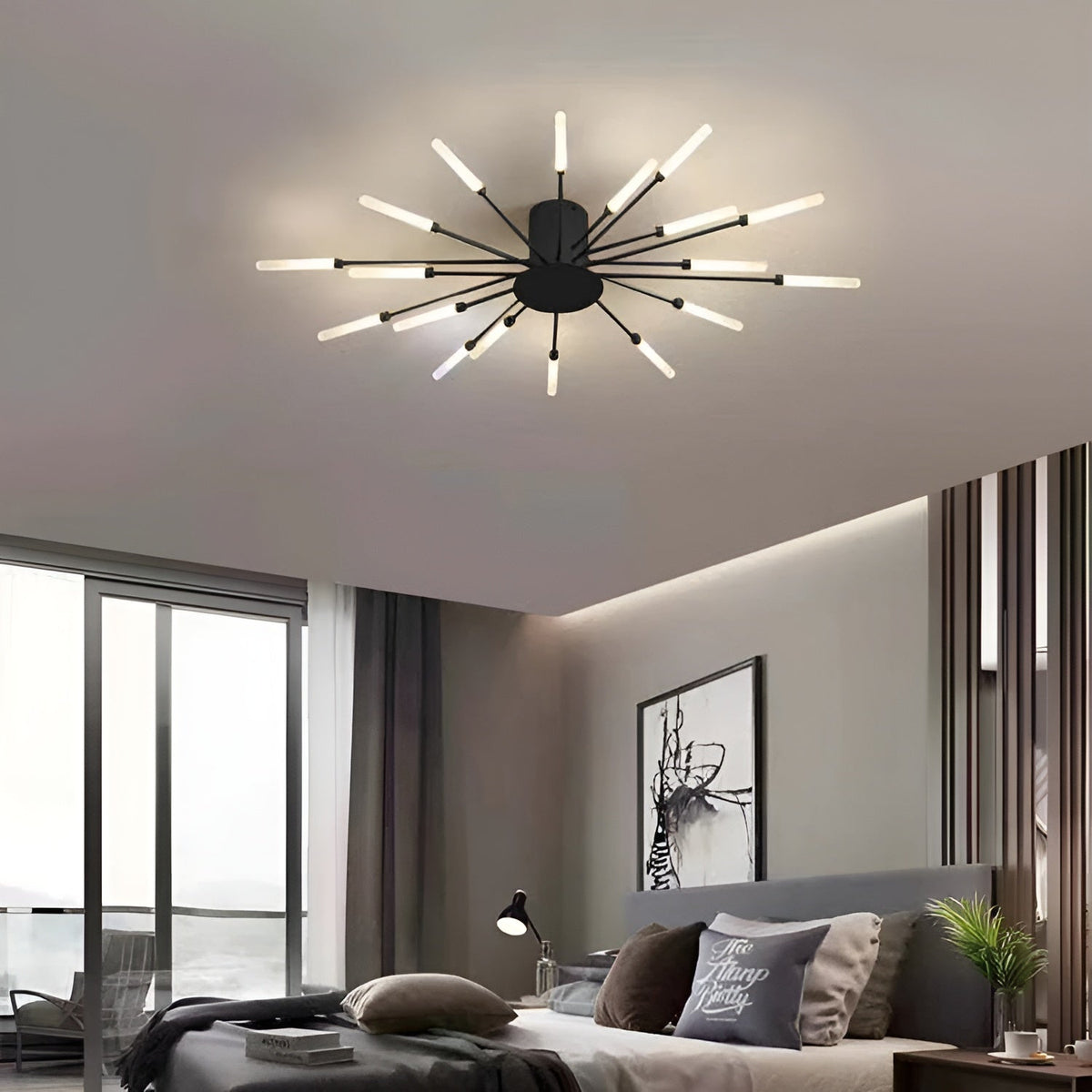 LED-loftlampe sort med 18 diffuse pærer i neutral lysfarve