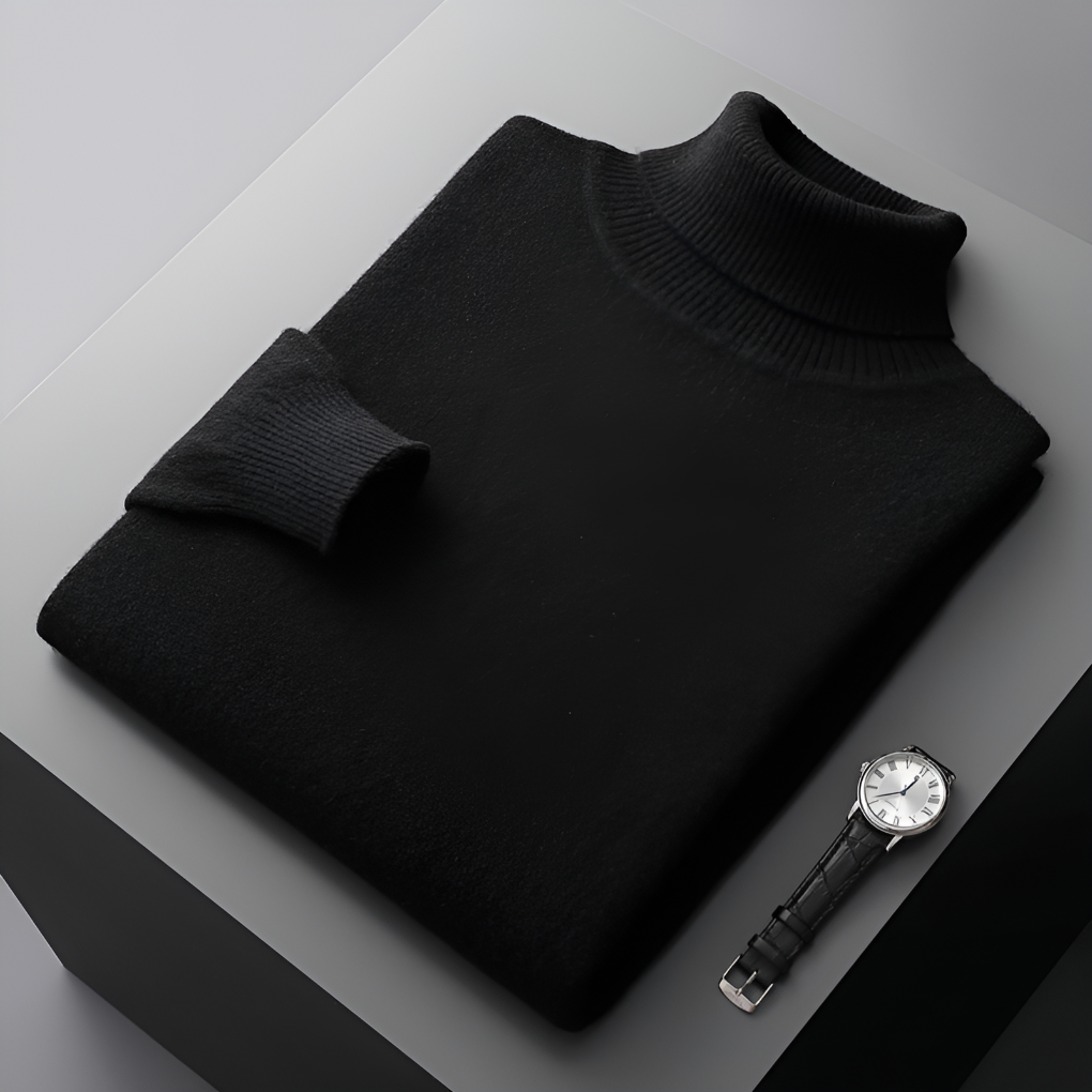 Herretrøje i cashmere med rullekrave båret i hverdagsoutfit