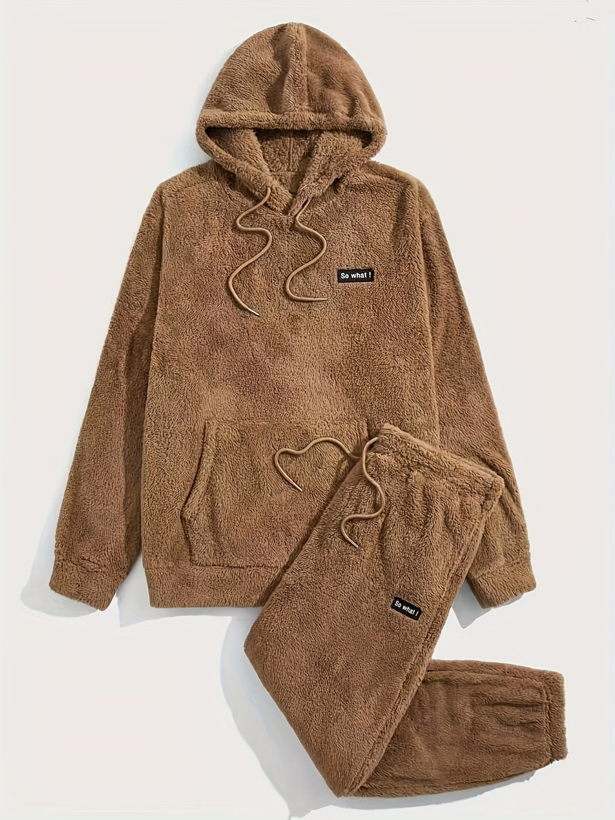 Teddyfleece pyjamassæt til mænd med hættetrøje og joggingbukser i brun