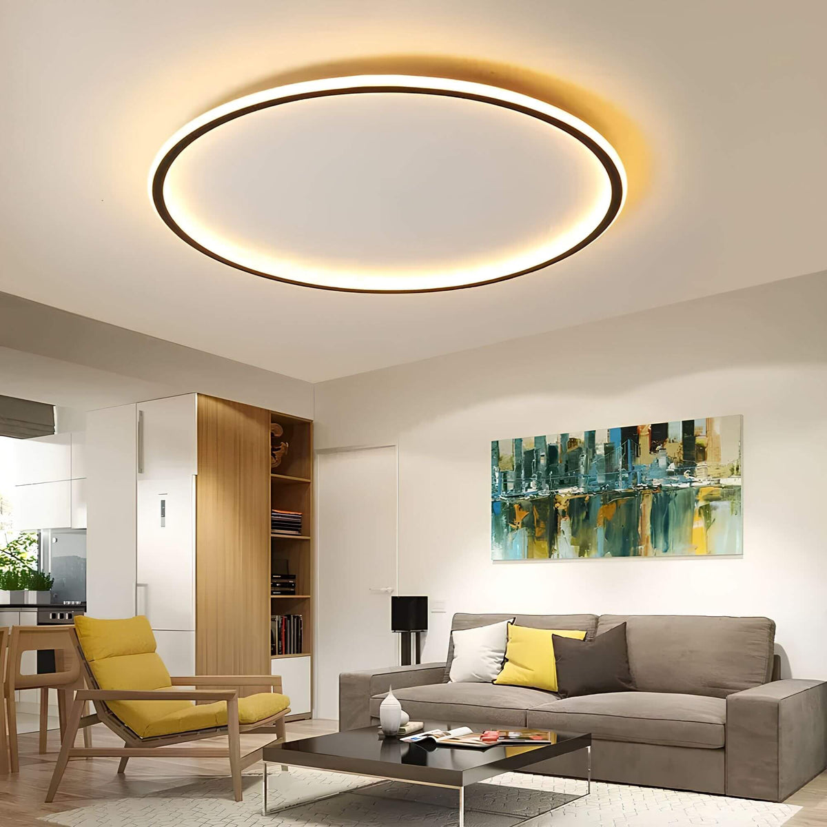 Sort globe loftlampe i moderne stue