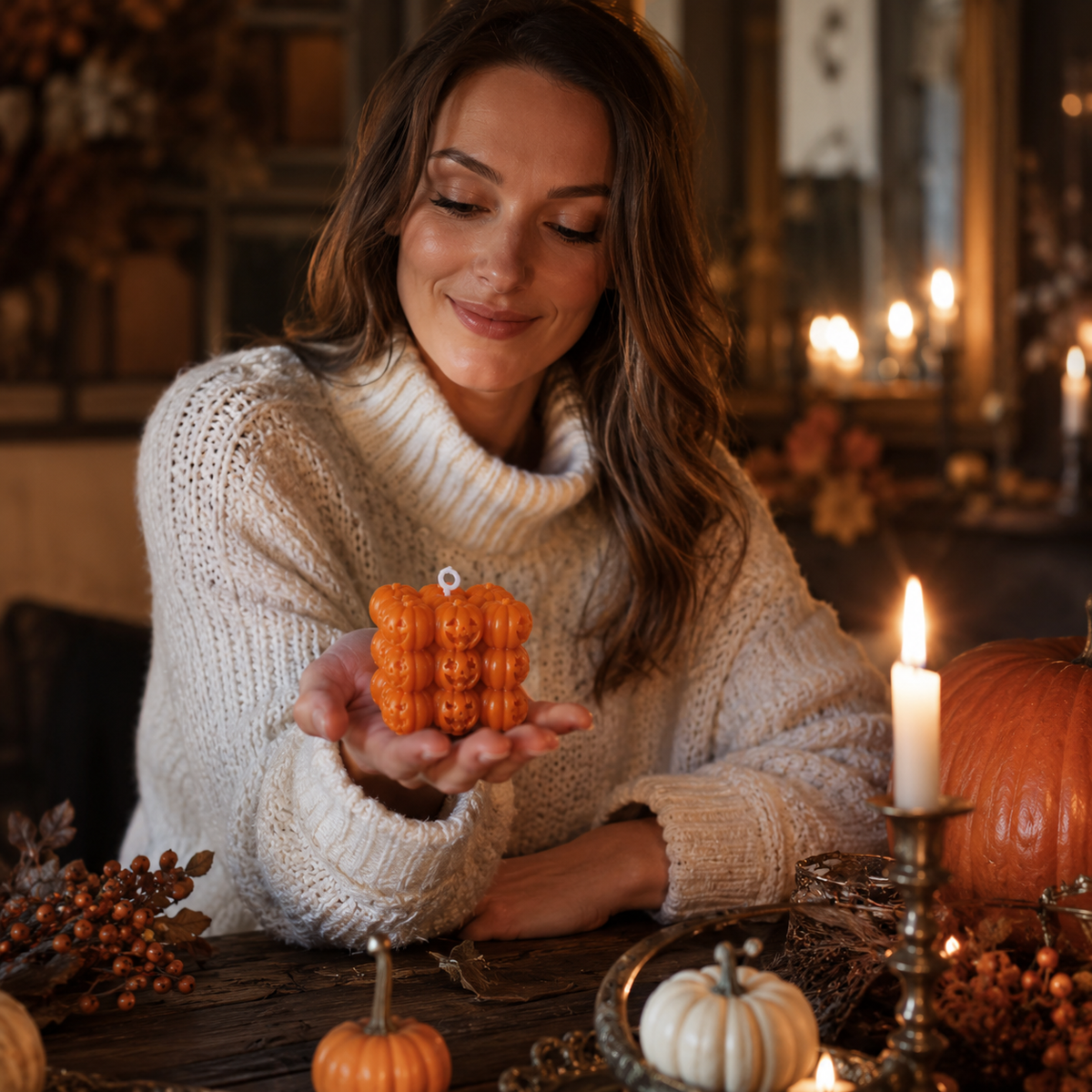 Halloween-stearinlys i kubisk design placeret som boligdekoration