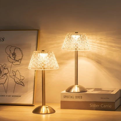 Samlet produktvisning af trådløs vintage bordlampe med glasskærm