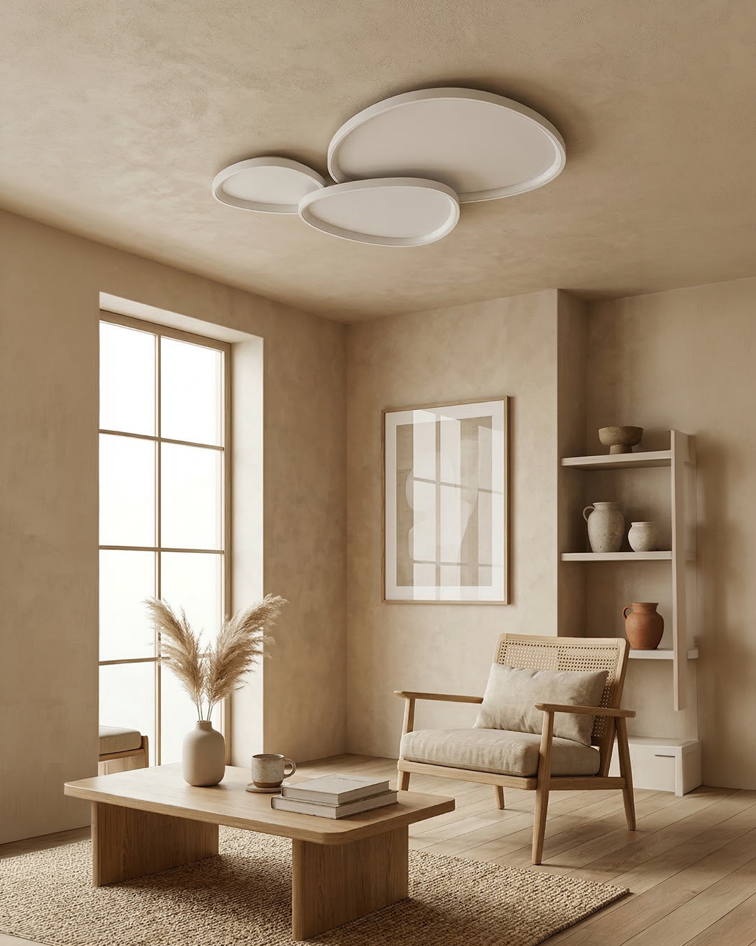 Nærbillede af diffust LED-lys fra minimalistisk loftlampe