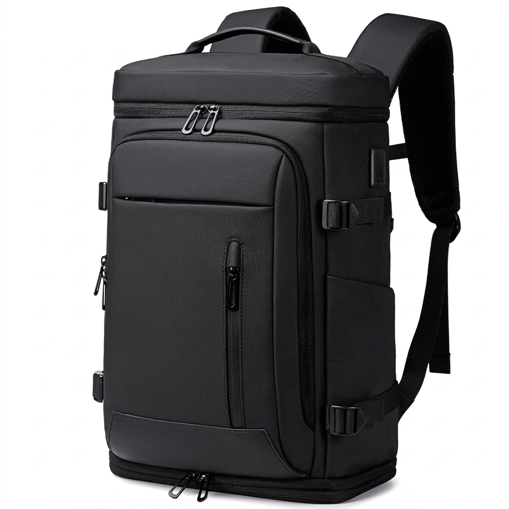 Sort multifunktionel rejsetaske med stort laptoprum – forfra