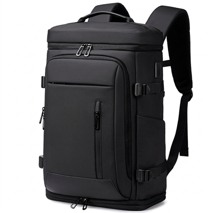 Sort multifunktionel rejsetaske med stort laptoprum – forfra