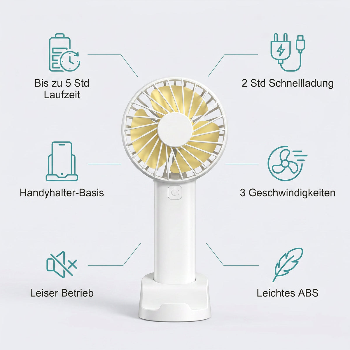 Funktionsoversigt: USB-håndventilator med 5 timers batteritid, telefonholder og 3 hastigheder