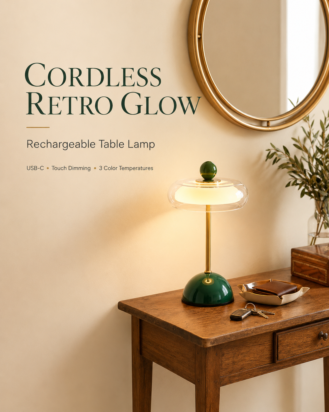Nærbillede af glasskærm og diffust LED-lys i genopladelig bordslampe