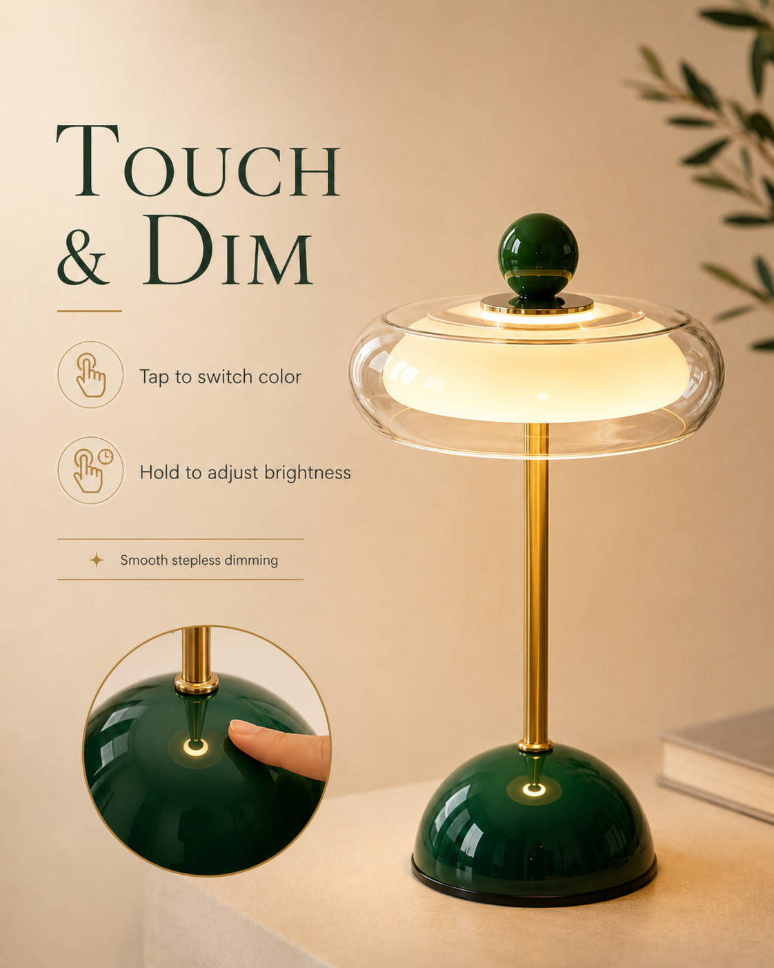 Orange glasbordslampe med USB-C opladning og berøringssensor