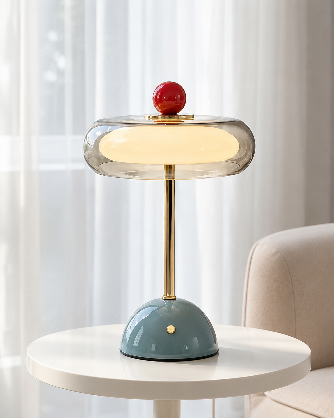 Glasbordslampe i blå placeret på reol som dekorativt element