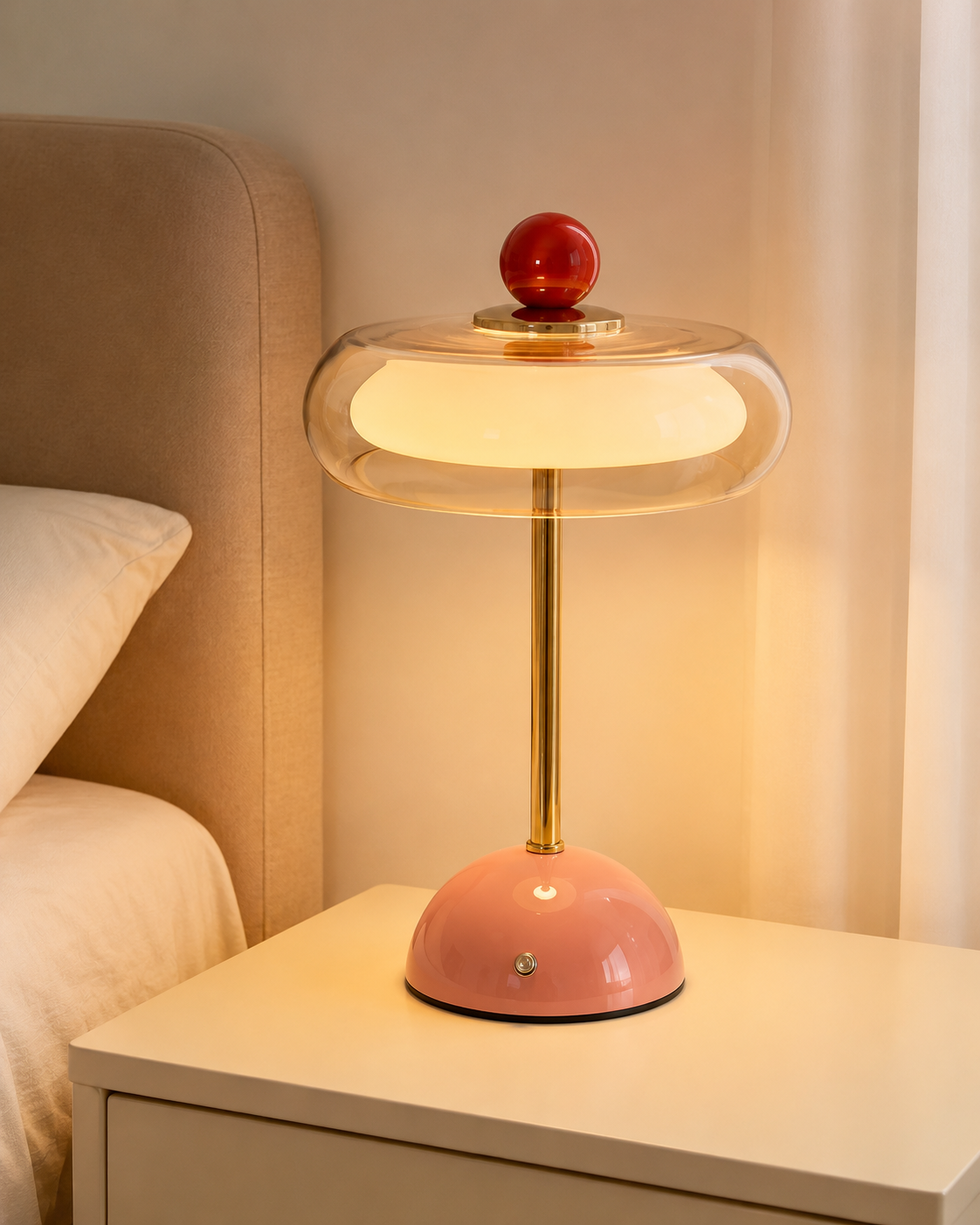 Alle seks farver af glasbordslampen opstillet side om side