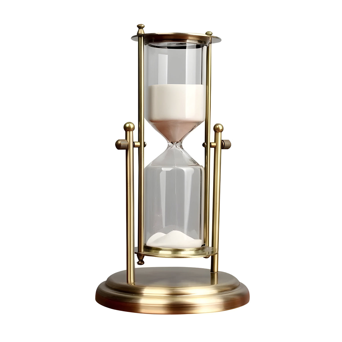 Dekorativt timeglas i messing og glas med guldfinish til stue eller kontor